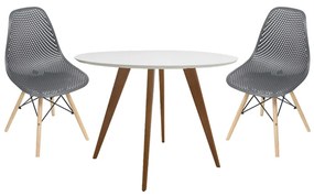 Conjunto Mesa Square Redonda Branco Fosco 88cm + 2 Cadeiras Eames Colméia Preta Base Madeira