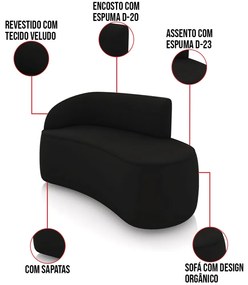 Sofá 2 Lugares Orgânico 140cm Morgan e 2 Poltronas Lua Veludo D03 - D'Rossi - Preto