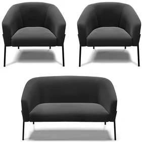 Namoradeira e 2 Poltronas Pé de Ferro Preto Stella Suede Preto D03 - D'Rossi
