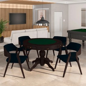 Conjunto Mesa de Jogos Carteado Bellagio Tampo Reversível e 4 Cadeiras Madeira Poker Base Estrela Veludo Azul Marinho/Tabaco G42 - Gran Belo