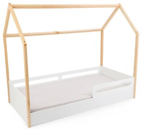 Cama Montessoriana Tivoli com Casinha e 2 Grades de proteção - Branco e Nature