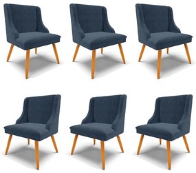 Kit 6 Cadeiras Decorativas Sala de Jantar Pés Palito de Madeira Firenze Suede Azul Marinho/Natural G19 - Gran Belo