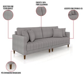 Sofá 3 Lugares Living 196cm Pés Madeira Cléo Bouclê Cinza K01 - D'Rossi