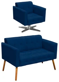 Kit 01 Namoradeira e 01 Poltrona Giratória Elisa Suede Base Estrela Cromada D'Rossi - Azul Marinho