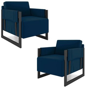 Kit 2 Poltronas Decorativa Sala de Estar Moria Base em Ferro Veludo Preto/Azul G33 - Gran Belo