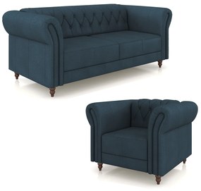 Conjunto Sala de Estar 1 Sofá Living 200cm e 1 Poltrona Stanford Chesterfield Pés Madeira Couro Azul Marinho G58 - Gran Belo