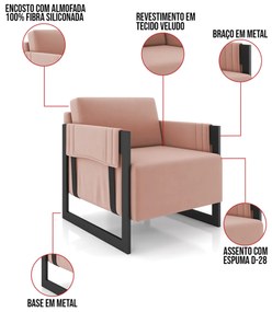 Poltrona Decorativa Base Industrial Rory Veludo Rosê K01 - D'Rossi