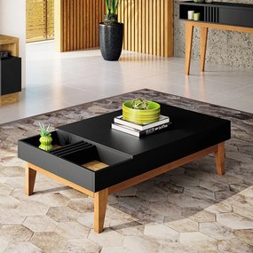 Mesa de Centro Decorativo Ripado Pés Madeira Maciça Bled Preto/Carvalho Intense G26 - Gran Belo
