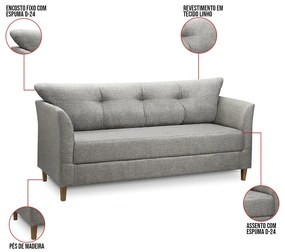 Sofá 3 Lugares Living para Sala Leblon 180cm Linho Cinza E03 - D'Rossi