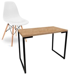 Kit Mesa Para Computador Escrivaninha Porto Natural 90 cm e Cadeira Eiffel Charles Eames Branco - D'Rossi