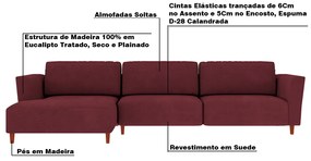 Sofá 290cm com Chaise Esquerda Franz Suede Bordô - Gran Belo