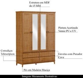 GuardaRoupa Decorativo Every Madeira Bipartido 4 Portas Com Espelho Freijó G74 - Gran Belo