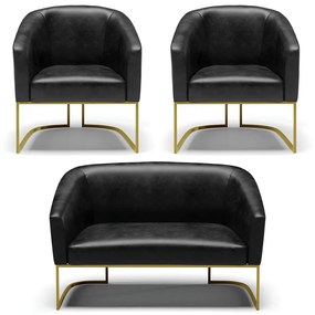 Namoradeira e 2 Poltronas Industrial Dourado Stella Sint PU Preto D03 - D'Rossi