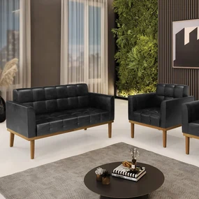 Conjunto Poltrona e Namoradeira Decorativas Karen Pés Fixo em Madeira Castanho PU Preto Brilho G19 - Gran Belo
