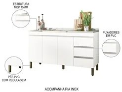 Balcão Gabinete Com Pia 150cm 3 Portas Karen P14 Branco - Mpozenato