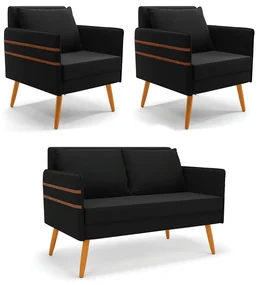 Kit 01 Namoradeira 02 Lugares e 02 Poltronas Mari Suede Preto Pés Palito Castanho - D'Rossi