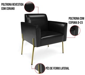 Poltrona Pé de Ferro Dourado Kit 2 para Sala Marisa Corano Preto D03 - D'Rossi