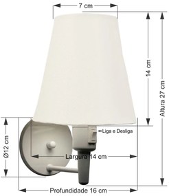 Arandela de Parede Vivare Md-2013 Branca Com Interruptor Liga e Desliga Cúpula em Tecido - Bivolt