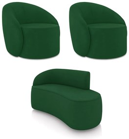 Sofá 2 Lugares Orgânico 140cm Morgan e 2 Poltronas Lua Suede Verde D03 - D'Rossi