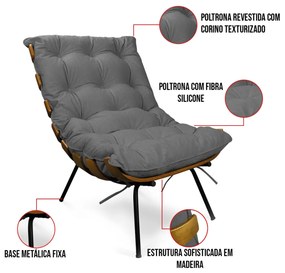 Poltrona Costela Base Fixa Preta Kit 2 Corino Text Cinza S01 - D'Rossi