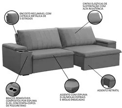 Sofá Retrátil Reclinável 3 Lugares 245cm Baluart F05 Veludo Prata - Mp