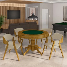 Conjunto Mesa de Jogos Carteado Bellagio Tampo Reversível Verde e 4 Cadeiras Madeira Poker Base Estrela Linho OffWhite/Mel G42 - Gran Belo