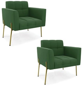 Poltrona Pé de Ferro Dourado para Sala Kit 2 Elisa Suede Verde D03 - D'Rossi