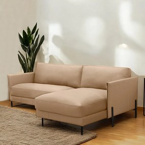 Sofá Decorativo Karine 3 Lugares Sala de estar 230cm com Chaise Pés em Aço Couro Nude G88 - Gran Belo