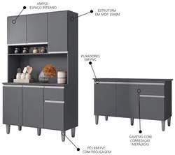 Cozinha Compacta Márcia e Balcão Gabinete Com Tampo Tatiane 120cm Cinz