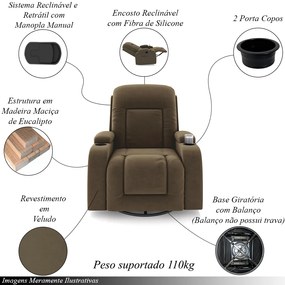 Poltrona do Papai Reclinável Giratória e Balanço Sala de Cinema Crihs Manual Glider Veludo Castor G23 - Gran Belo