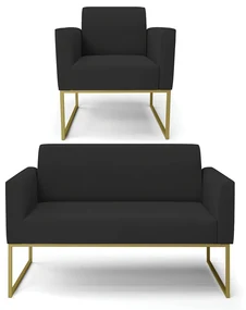Sofá Namoradeira com Poltrona Base Industrial Dourado Marisa Veludo Preto D03 - D'Rossi