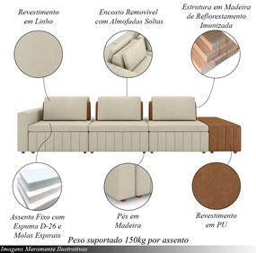 Sofá Ilha com Encosto e Almofadas Móveis Olimpo 395cm Modulado Linho/PU Bege/Caramelo G45 - Gran Belo