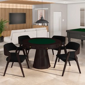 Conjunto Mesa de Jogos Carteado Bellagio Tampo Reversível e 4 Cadeiras Madeira Poker Base Cone Veludo Preto/Tabaco G42 - Gran Belo