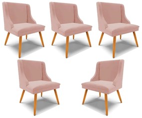 Kit 5 Cadeiras Decorativas Sala de Jantar Pés Palito de Madeira Firenze Veludo Rosê/Natural G19 - Gran Belo