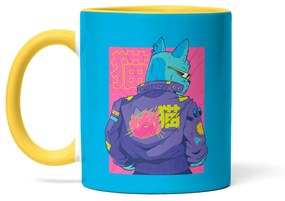 Caneca Cyberpunk Cat Nerd Azul com Alça Amarela
