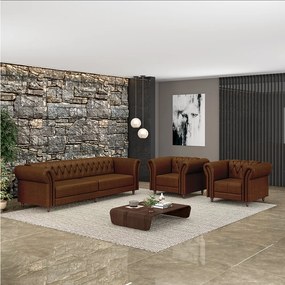 Conjunto Sala de Estar 1 Sofá Living 260cm e 2 Poltronas Stanford Chesterfield Pés Madeira Couro Marrom Manchado G58 - Gran Belo