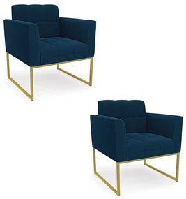 Poltrona Decorativa Industrial Dourado Kit 2 Elisa Bouclê D03 - D'Rossi - Azul
