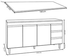 Balcão Gabinete Para Pia 160cm com Tampo 3 Portas Andréia Branco - AJL