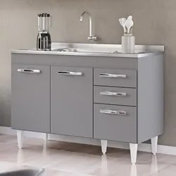 Balcão Gabinete com Pia Inox 120cm 3 Portas 2 Gavetas Suécia Cinza - L