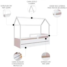 Cama Infantil Casinha Com Auxiliar Infix C06 Branco/Rosa - Mpozenato