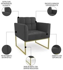 Poltrona Decorativa Base Industrial Dourado Ana Sintético Preto - Ibiz