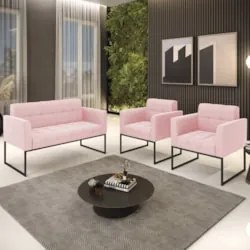 Sofá Namoradeira e 2 Poltronas Base Industrial Preto Ana Suede Rosa Be