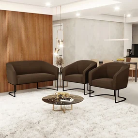 Namoradeira e 2 Poltronas Industrial Preto Stella Suede Marrom D03 - D'Rossi