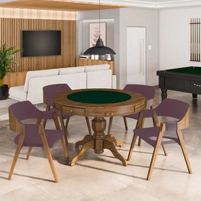 Conjunto Mesa de Jogos Carteado Bellagio Tampo Reversível e 4 Cadeiras Madeira Poker Base Estrela Veludo Rosê/Nogueira G42 - Gran Belo