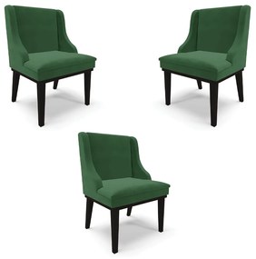 Kit 3 Cadeiras Decorativas Sala de Jantar Base Fixa de Madeira Firenze Veludo Verde/Preto G19 - Gran Belo