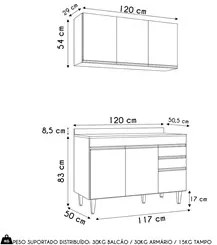 Armário de Cozinha Aéreo Virgínia e Balcão Com Tampo 120cm Michigan Ci