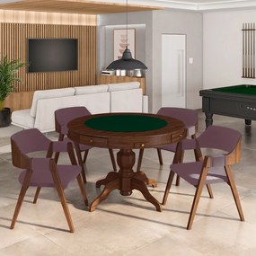 Conjunto Mesa de Jogos Carteado Bellagio Tampo Reversível e 4 Cadeiras Madeira Poker Base Estrela Veludo Rosê/Imbuia G42 - Gran Belo