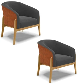 Poltrona Decorativa Base Madeira Kit 2 Stella PU Nozes/BouclĂŞ Grafite D03 - D'Rossi