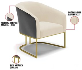 Namoradeira e Poltrona Industrial Dourado Stella Pto/Linho D03 - D'Rossi - Bege