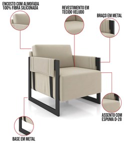 Poltrona Decorativa Base Industrial kit 2 Rory Veludo Bege K01 - D'Rossi